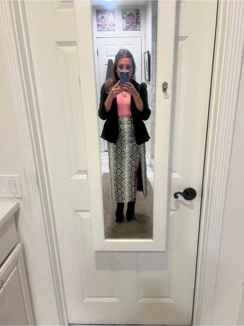 Topshop Cream and Black Snake-Print Midi Skirt with Side Slit
